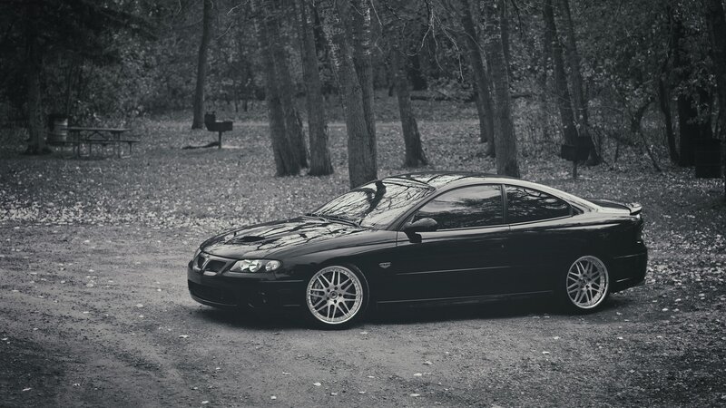 black car in forest setting