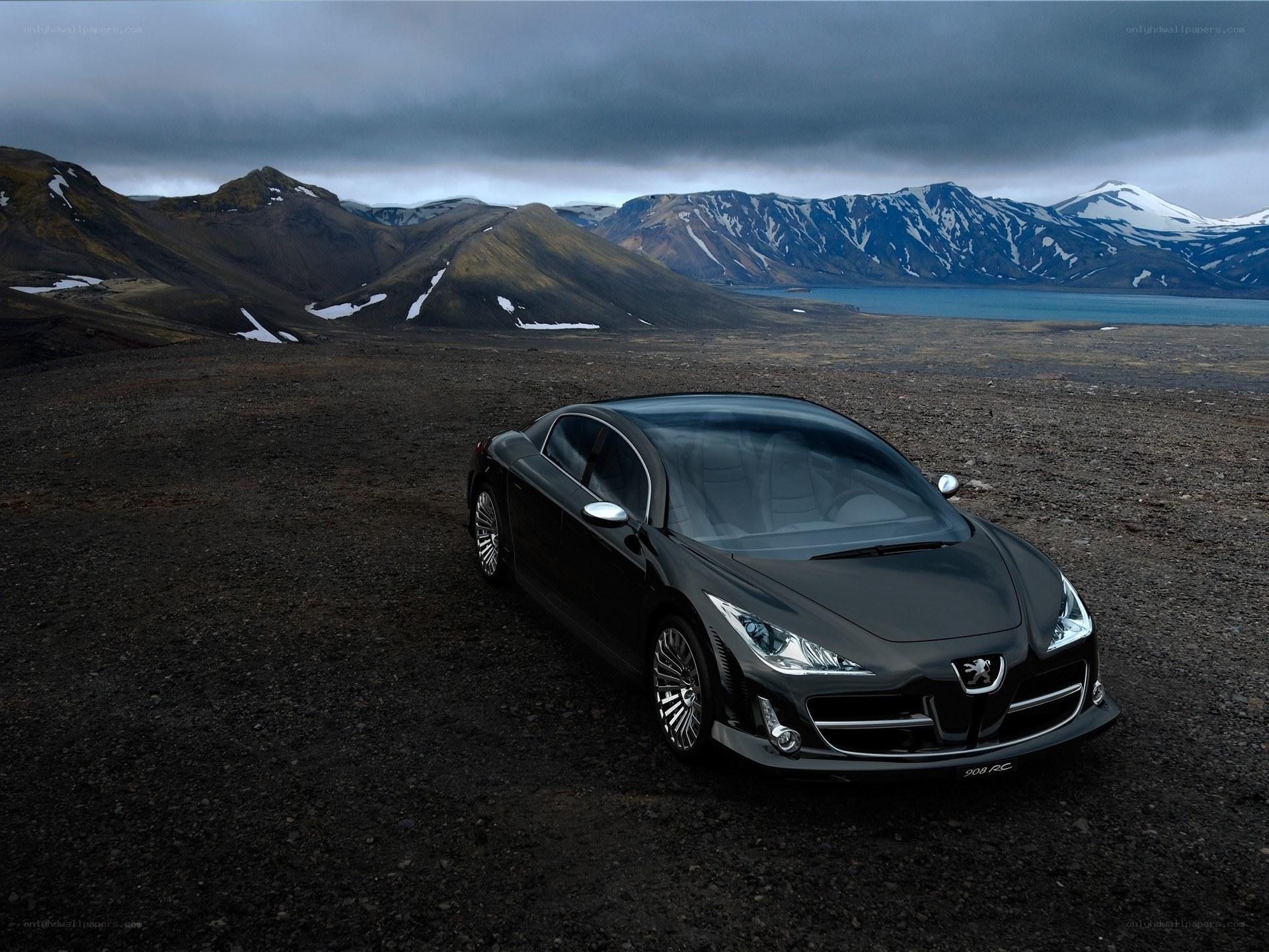 Black car in mountain landscape