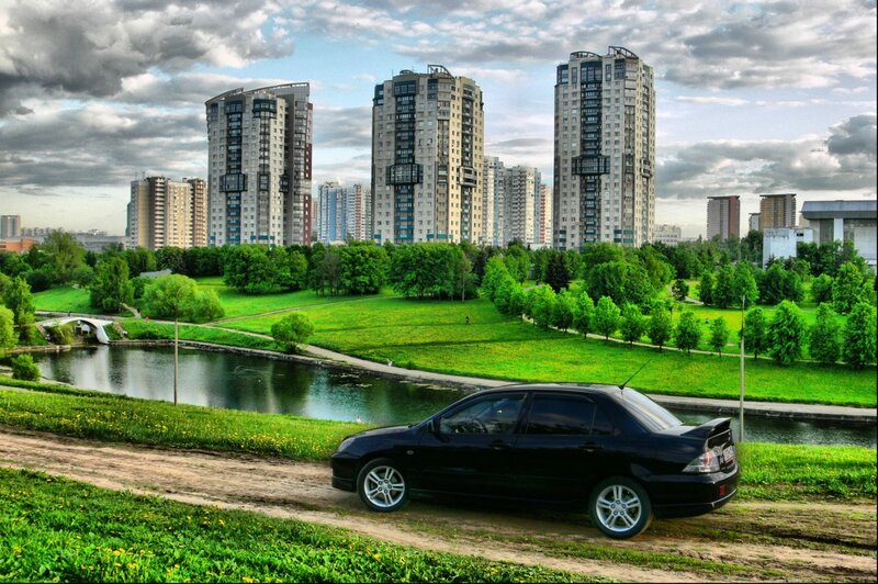 Black car in park with city skyline