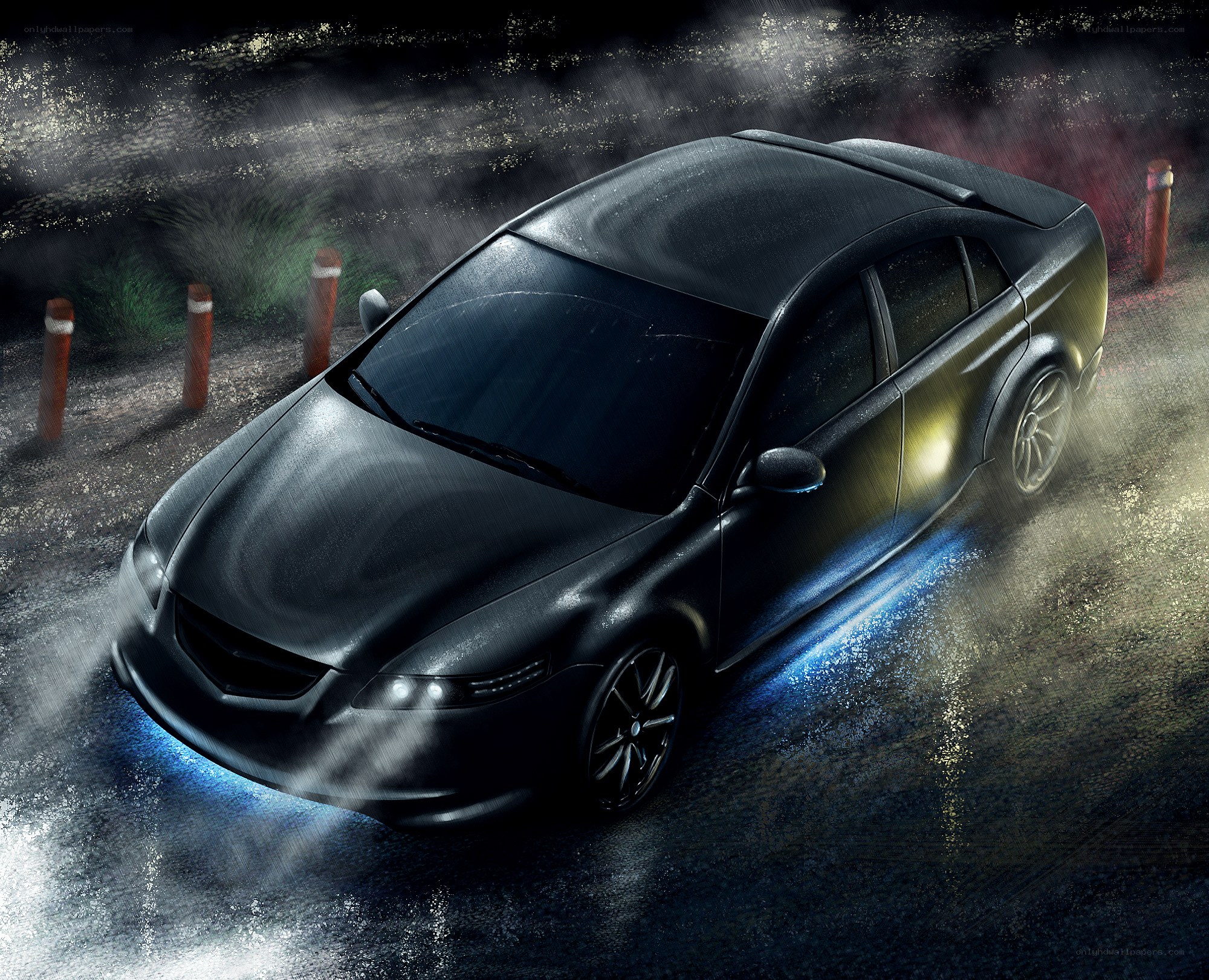 Black car in rainy night