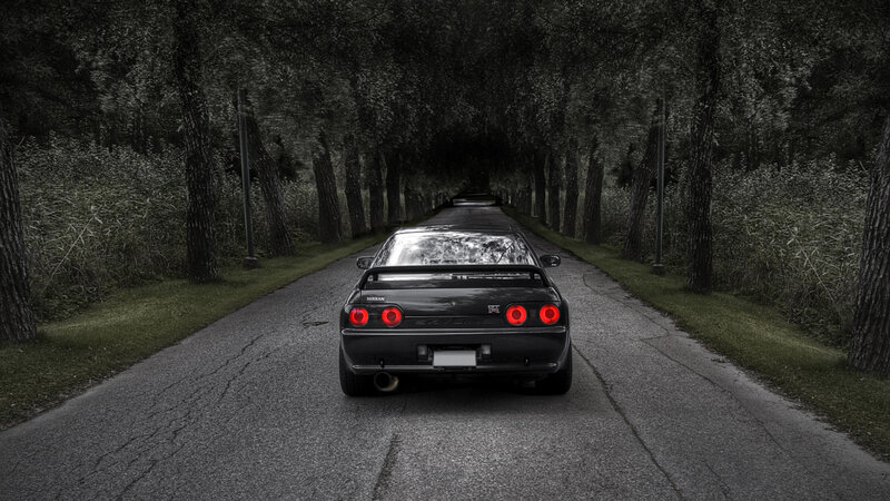 Black car on a tree-lined road