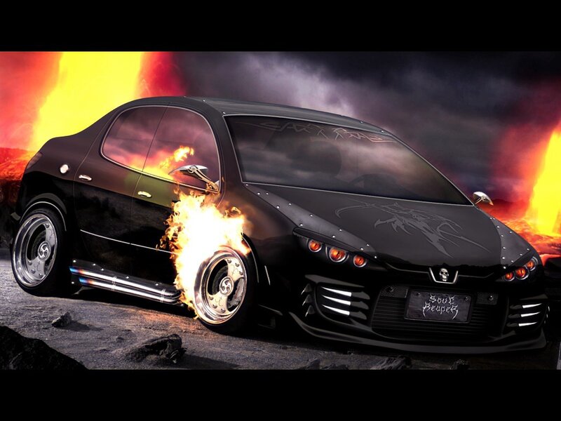 Black car on fire in hell