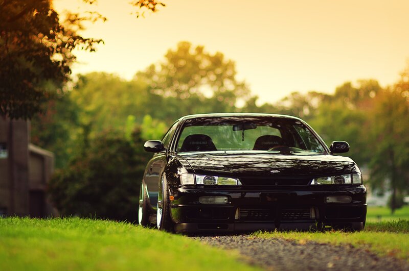 black car on grass at sunset