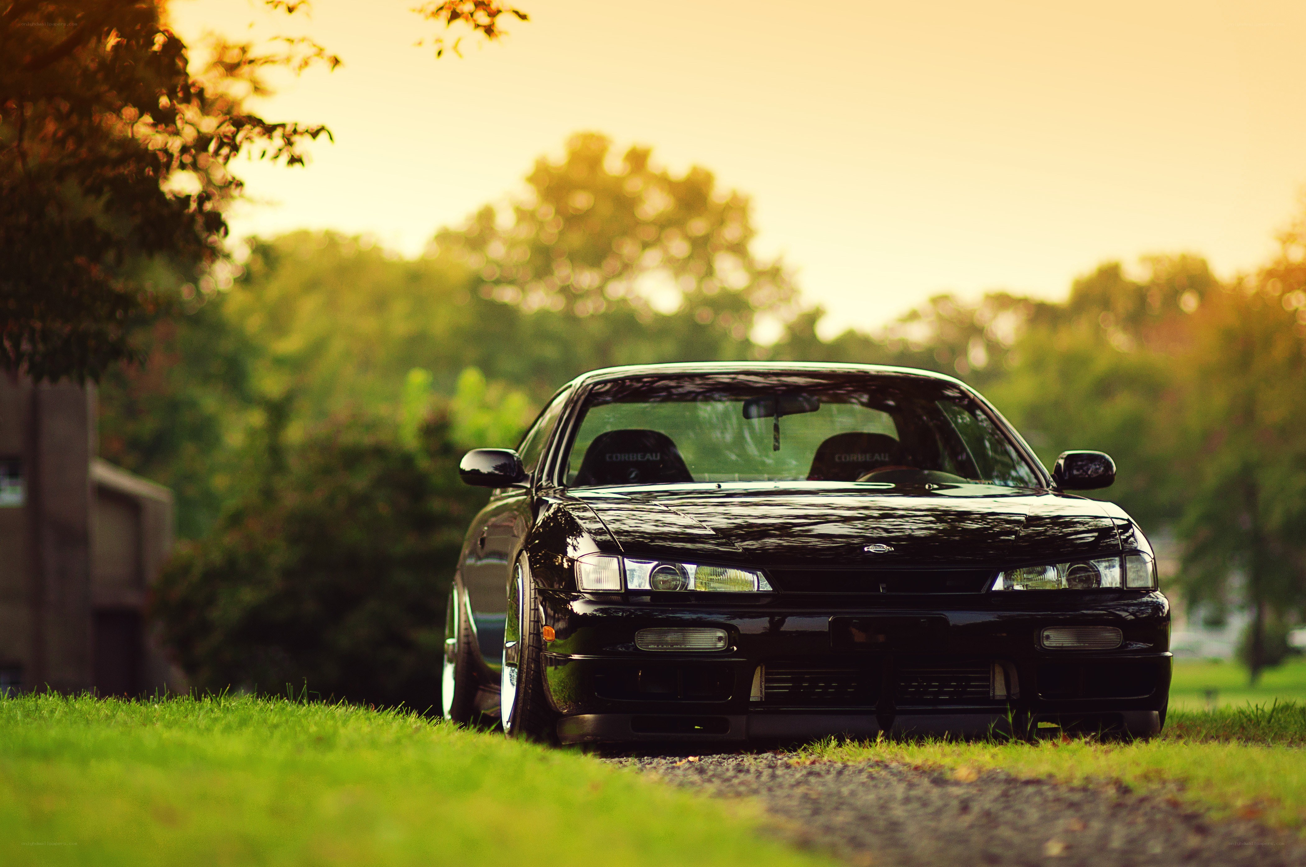 black car on grass at sunset