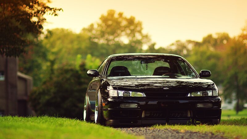black car on grass at sunset