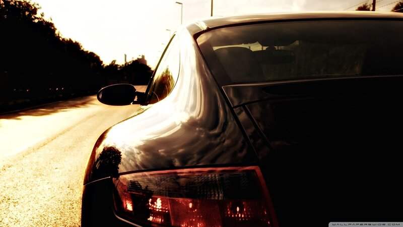 Black Car on Road — Dramatic, Sunset, Photograph