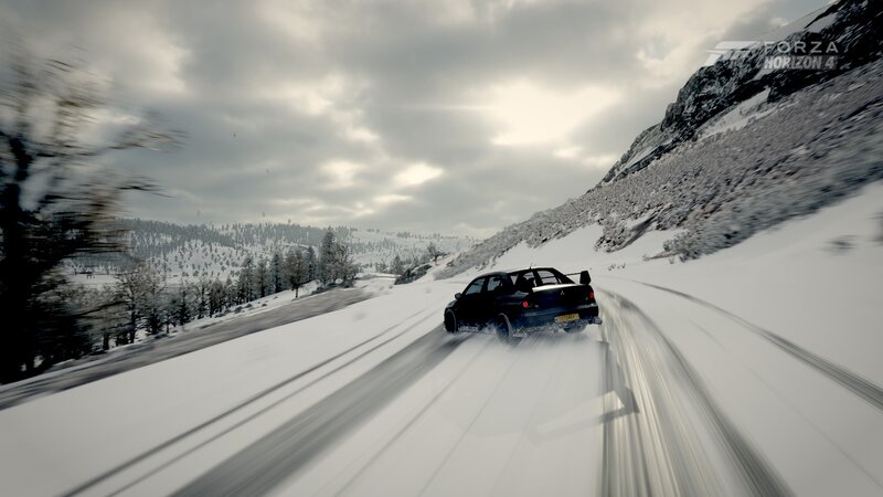 Black Car on Snowy Road — White, Dynamic