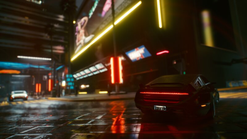 Black Car on Wet Street — Dark, Futuristic, Night