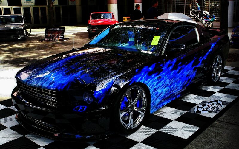 Black Car with Blue Flames — Dramatic, Afternoon
