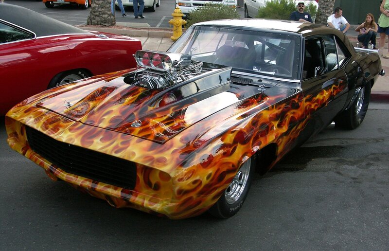 Black Car with Flame Paint — Showcase, Afternoon