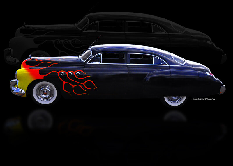 Black Car with Flames — Dramatic, Photograph