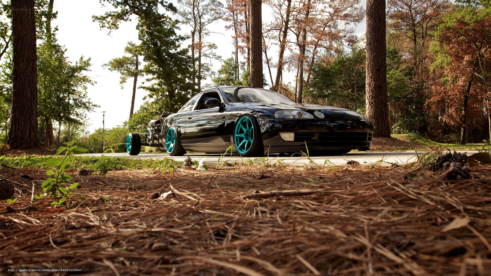 Black car with teal wheels