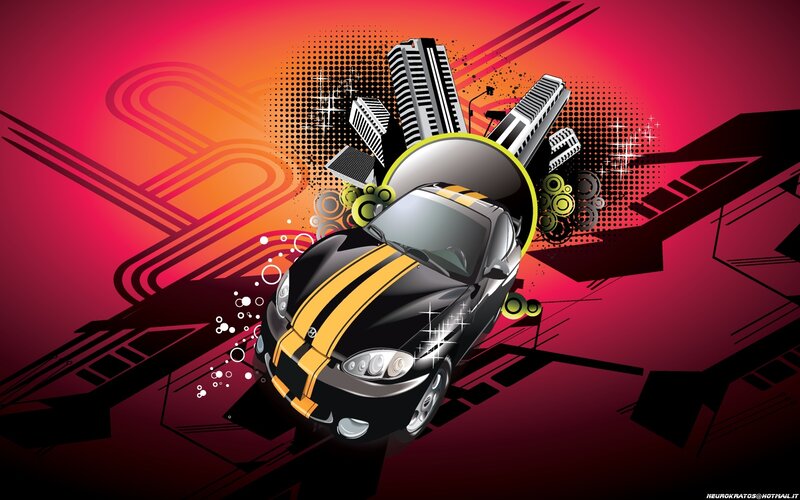 Black car with yellow stripes