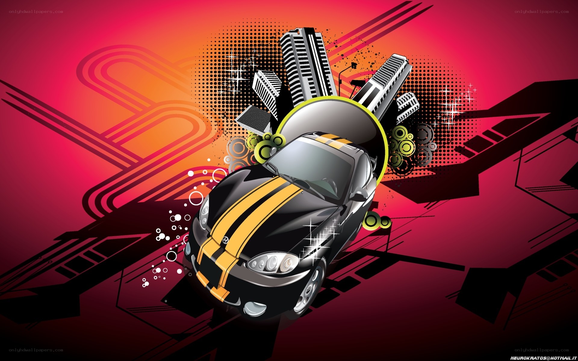 Black car with yellow stripes