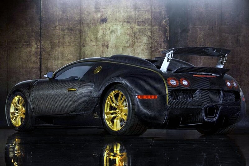 Black Carbon-fiber Car — Dramatic, Photograph, Gold Wheels, Rear Wing