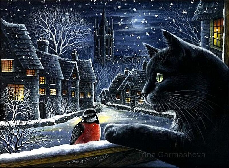 Black Cat and Bird