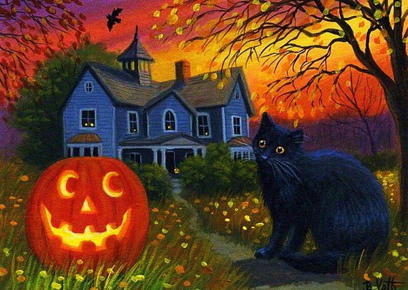 Black Cat and Jack-o'-lantern — Orange, Spooky