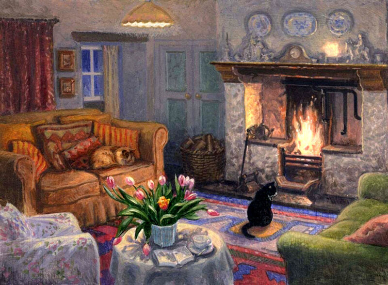 Black Cat by Fireplace