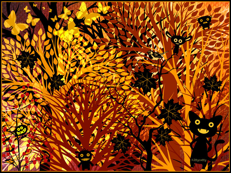 Black Cat in Autumn Forest — Orange