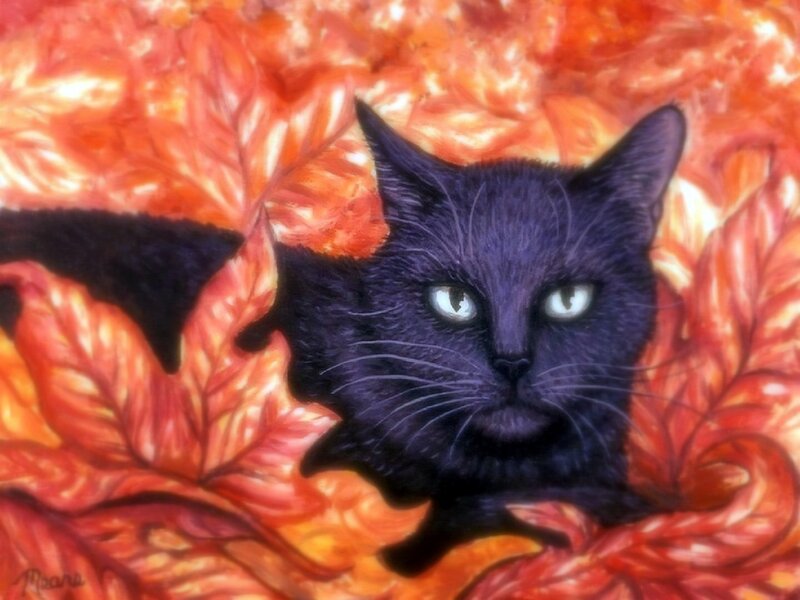 Black Cat in Autumn Leaves — Orange