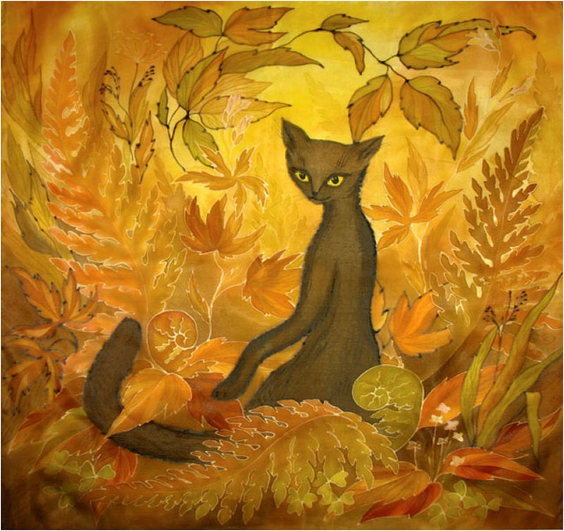 Black Cat in Autumn Leaves — Yellow