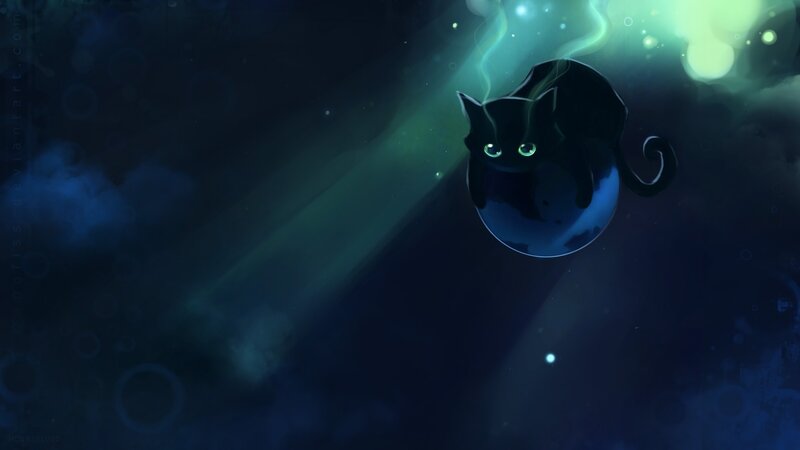 Black Cat in Bubble — Blue, Mysterious