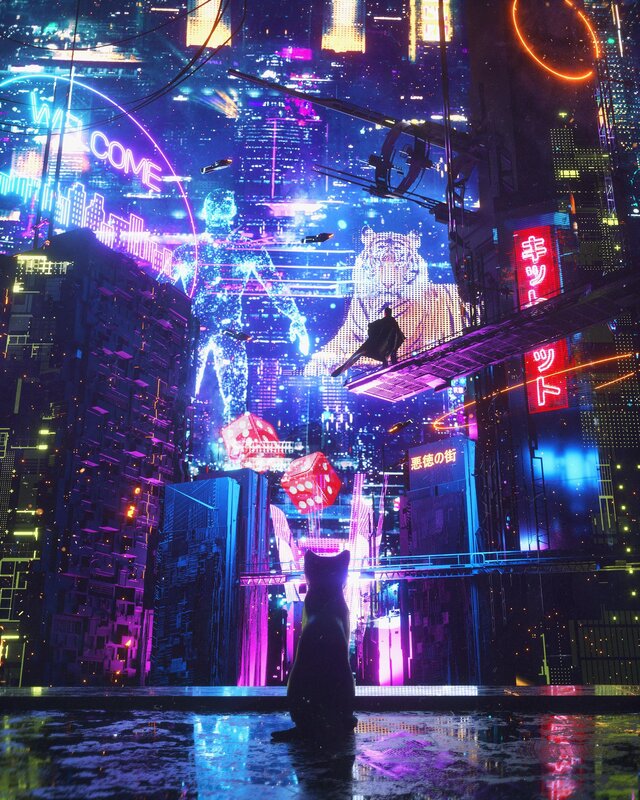 Black Cat in City — Purple