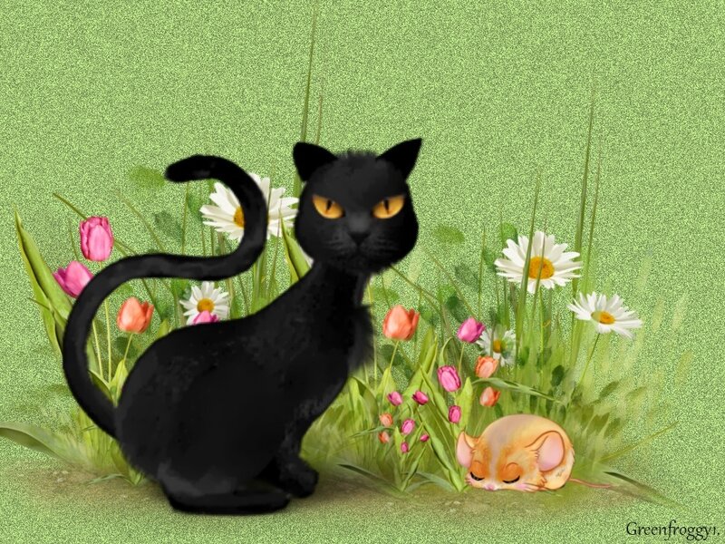 Black Cat in Flowers — Green, Peaceful