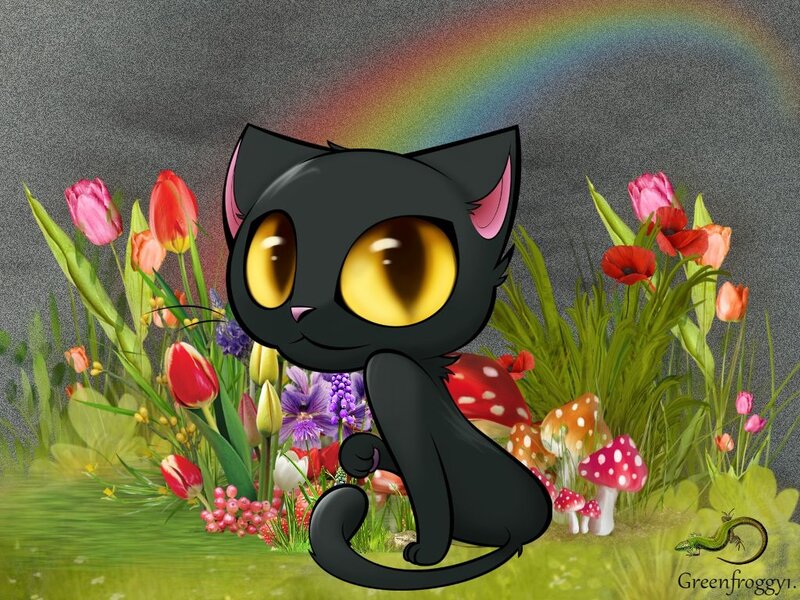 Black Cat in Flowers — Serene, Spring