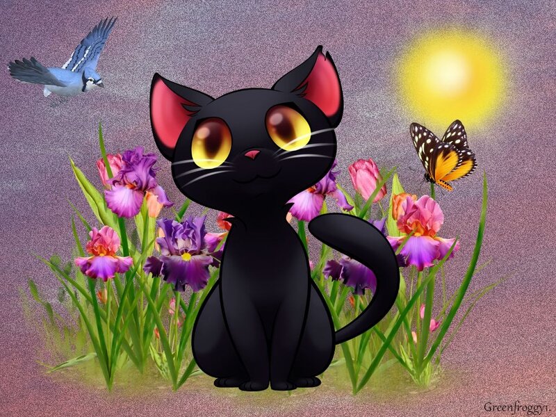 Black Cat in Flowers — Serene