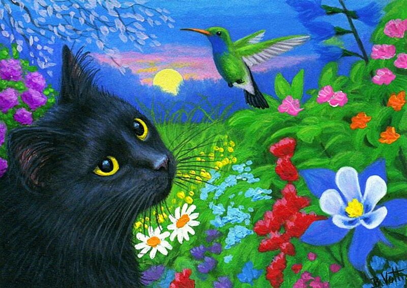 Black Cat in Garden — Green, Serene, Sunset