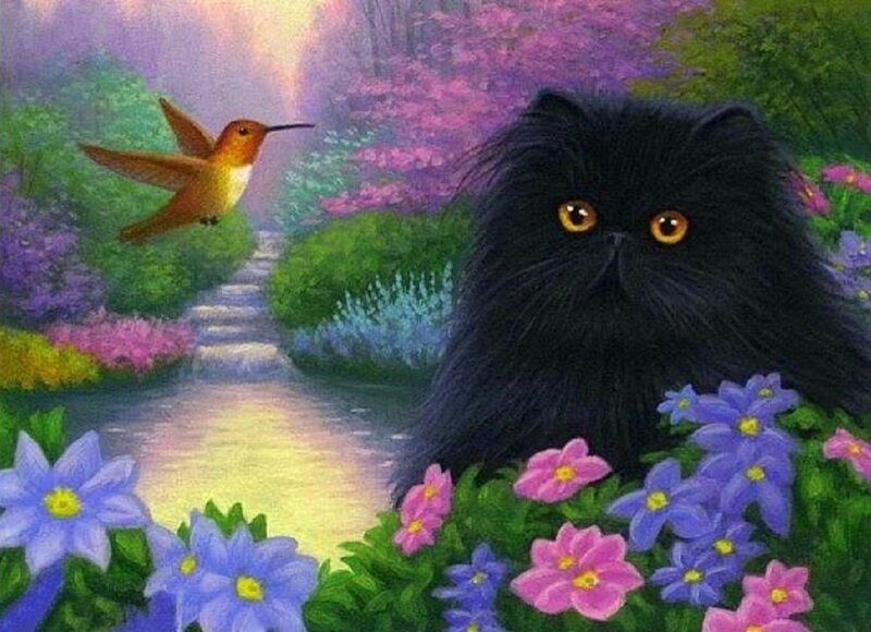 Black Cat in Garden — Purple, Serene, Spring