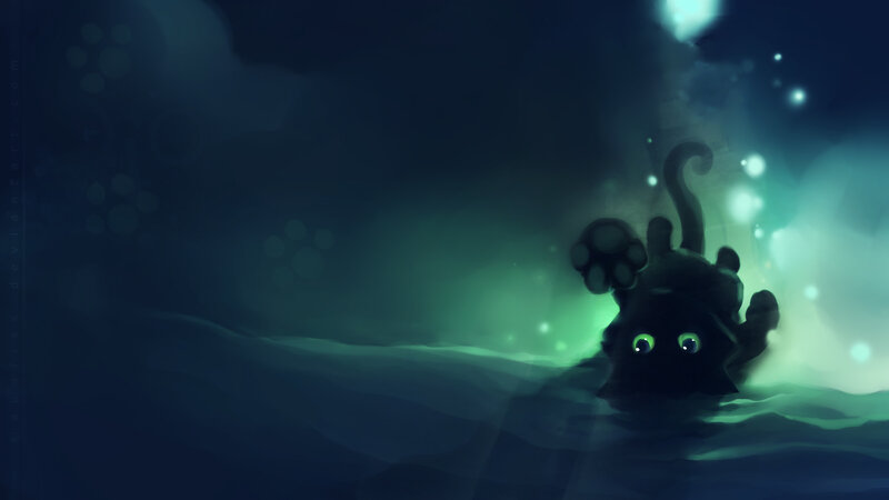 black cat in glowing water