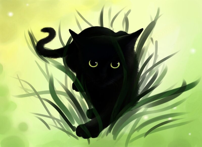 Black Cat in Grass — Green, Calm, Digital Art