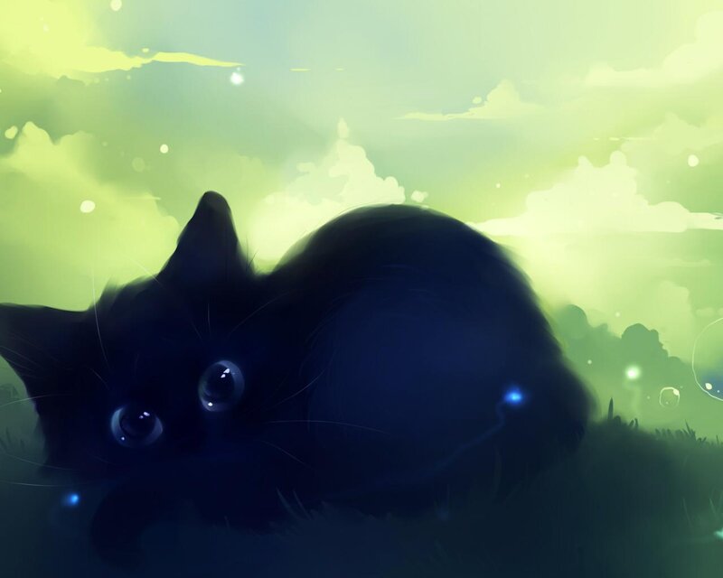 Black Cat in Grass — Green, Serene, Night