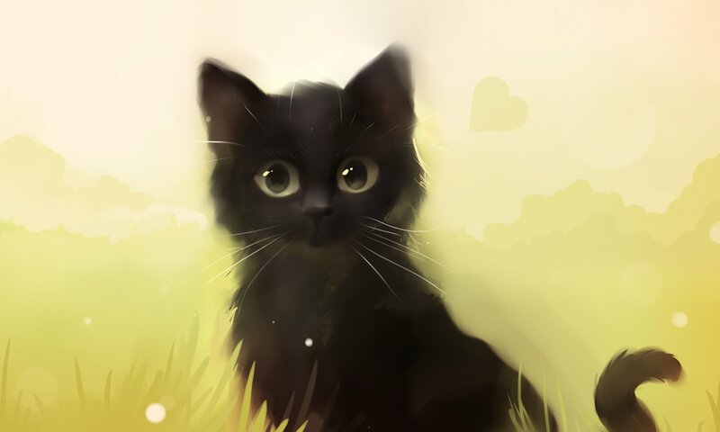 Black Cat in Grass — Yellow, Serene