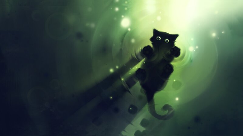 Black Cat in Green Light — Mysterious, Digital Art, Sparkles, Shadow