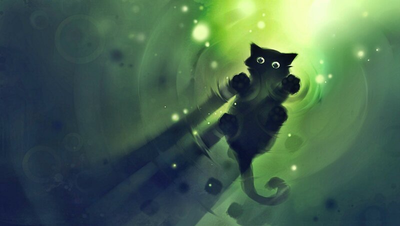 Black Cat in Green Light — Mysterious, Digital Art