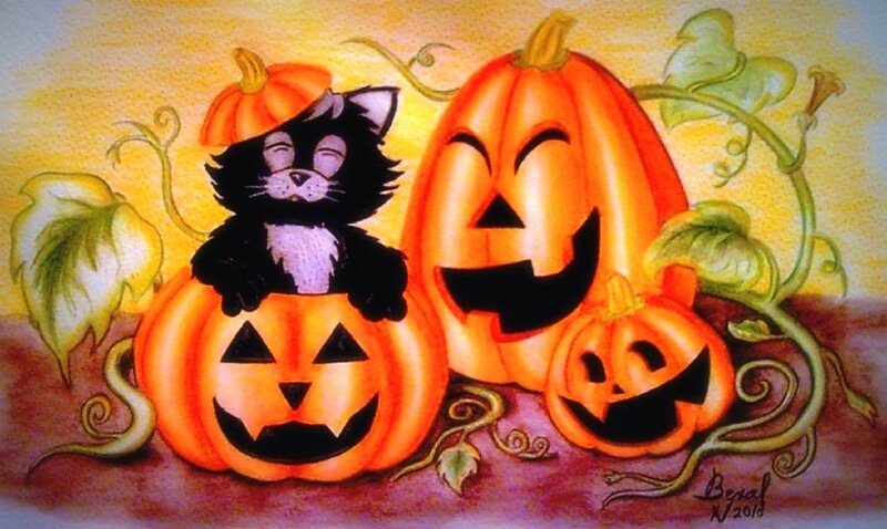 Black Cat in Pumpkin — Orange, Festive, Autumn, Illustration