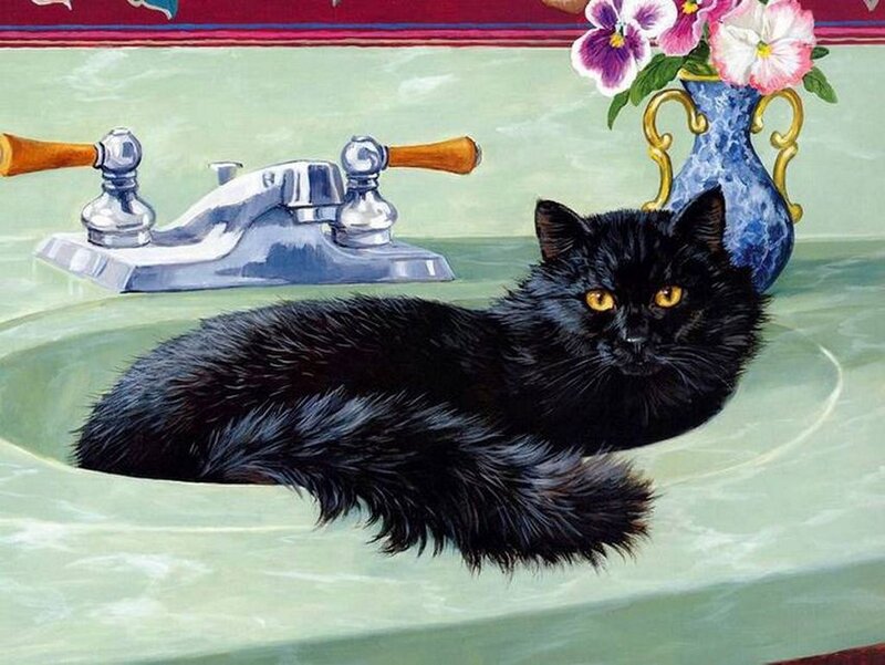 Black Cat in Sink — Green, Calm, Painting