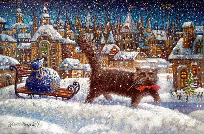 Black Cat in Snow — Blue, Festive