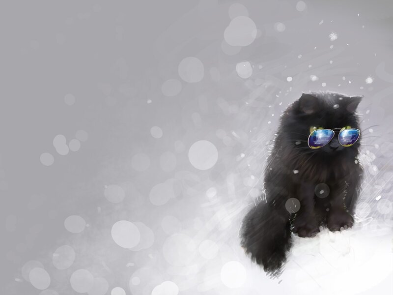 Black Cat in Snow — Calm, Winter, Digital Art, Sunglasses