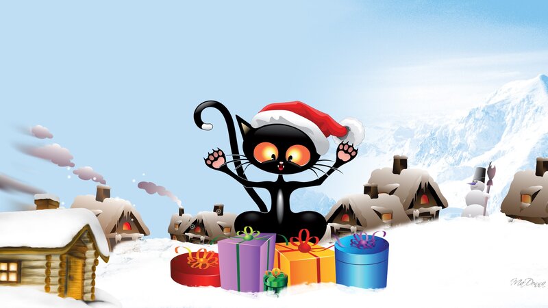 Black Cat in Snow — White, Festive, Winter