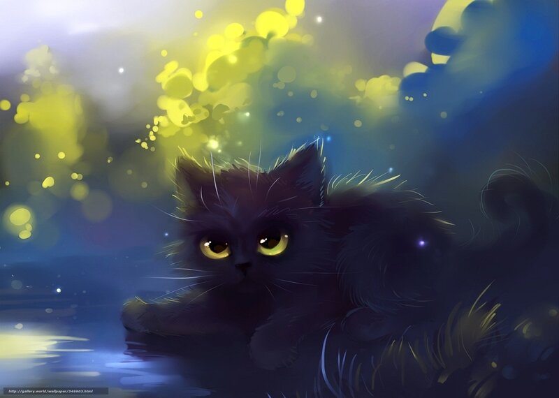 Black Cat in Water — Blue, Dreamy, Night