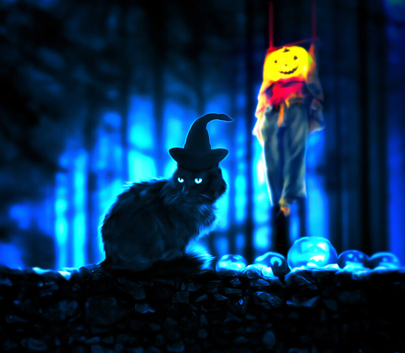 Black Cat in Witch Hat — Blue