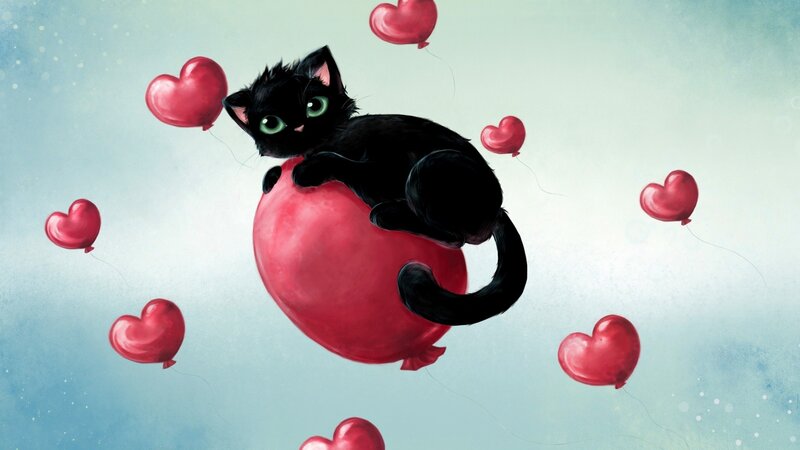 Black Cat on Balloon — Red, Whimsical