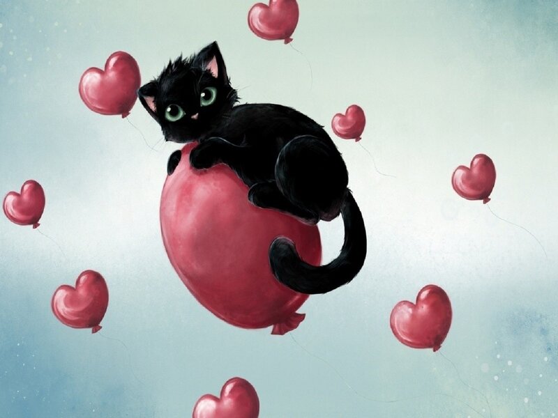Black Cat on Balloon — Whimsical, Digital Art