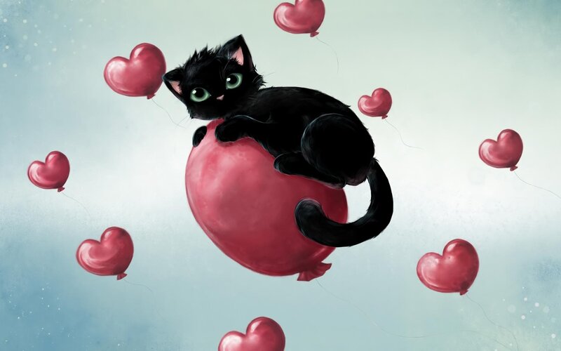 Black Cat on Balloon — Whimsical