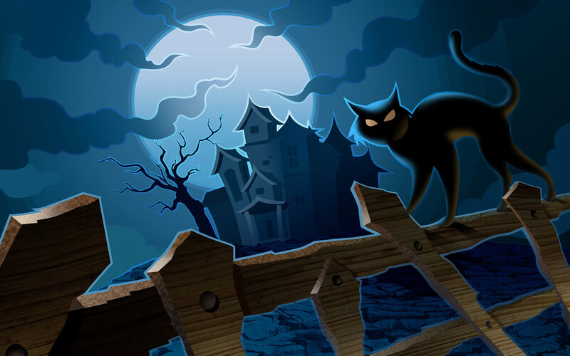 Black Cat on Fence — Blue, Spooky