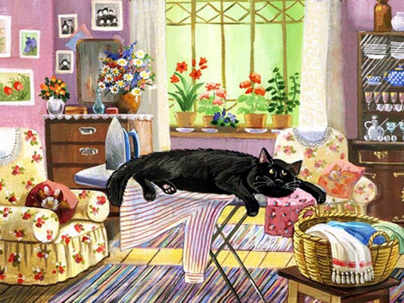 Black Cat on Ironing Board